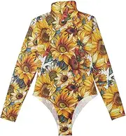 [Amooorous] Colorful Sunflowers on A White Background long sleeve Basic Body Suits for Women Bodysuit Shapewear Tummy Control Going Out Tops for Women High-Neck M, Colorful Sunflowers on a White