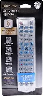 GE Big Button Backlit Universal Remote Control for Samsung, Vizio, Lg, Sony, Sharp, Roku, Apple TV, RCA, Panasonic, Smart TVs, Streaming Players, Blu-Ray, DVD, 6-Device, Silver, 33712