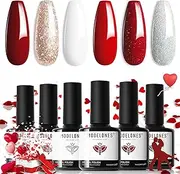 Modelones Gel Nail Polish Set 6 Colors, Red White Glitter Christmas Sparkle Bright Burgundy Dark Rose Champagne Silver Candy Cane Soak Off Nail Gel Kit Nail Art Gel Design Manicure Home DIY Gel Nail Kit