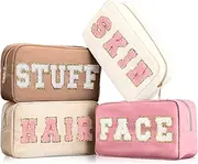 4 Pcs Preppy Makeup Bag Chenille Letter Nylon Cosmetic Organizer Toiletry Case with Zipper Stuff Pouch for Women Teen Girl, Multi Colors (DAY-Cunno-55)