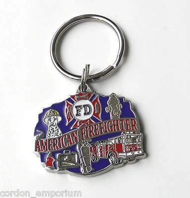 AMERICAN FIRE DEPT FIRE FIGHTER ZINC PEWTER ENAMEL KEY RING KEY CHAIN 1.5 INCHES