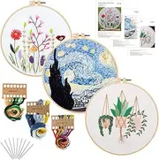 AUTOWT Beginner Embroidery Starter Kit, 3 Needlepoint Embroidery Kit for Adults DIY Handmade Sewing Craft with Plant Floral Patterns, Stitching Sewing Kit Scenery Series, Colored Thread, Needles, Bamboo Hoops