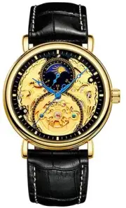 Mens Automatic Watches Gold Tourbillon Skeleton Watch Moon Phase Waterproof S...