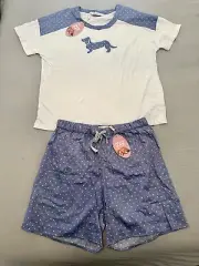 PETER ALEXANDER Women’s White And Blue Pyjama Set Tee & Shorts Size M BNWT