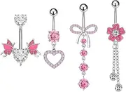 [Kokoma] 14G Heart Dangle Belly Button Rings for Women Pink Crystal CZ Heart Butterfly Belly Button Rings Tassel Chain Flower Navel Barbell Stud Summer Body Piercing Jewelry, Gemstone, cubic zirconia
