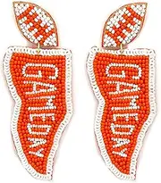 [Emulily] Beaded Gameday Post Earrings Handmade Gameday Flag Earrings College Sport (Orange/White), Glass, n