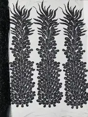 3D Peacock Bead Feathers - Black Embroidered Sequins Bead Vegas Design By Panel
