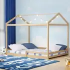 Oikiture Double Kids Wooden Bed Frame Timber House Beds Base with Fence Natural