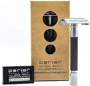 Parker 74R Graphite Gray - Long Handle Heavyweight Butterfly Open Double Edge Safety Razor for Men, 5 Parker Premium Platinum Double Edge Razor Blades included