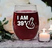 I Am 39 Plus Middle Finger - 40Th Birthday Stemless Wine Glass For Women & Men - 40Th Birthday Gift - Creative Gifts For Best Friend Turning 40Th - Funny Birthday Gift
