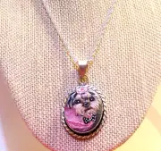 hand painted Yorkie Diva on gemstone and .925 solid sterling silver 18" chain