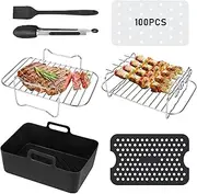 Air Fryer Accessories for Ninja AF400UK & AF300UK & Tower T17088 Dual Zone Including Reusable Air Fryer Silicone Liners, Racks, Silicone Tongs, Paper Lining, Set of 7