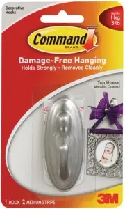 Command Medium Decorative Hooks-Brushed Nickel 1 Hook & 2 Strips 17051