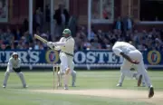Pakistan batsman Wasim Akram pulls a short ball from Devon Ma- Old Cricket Photo