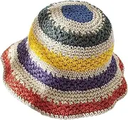 [ZTHUAYUAN] Hand-Woven Straw Hat Rainbow Color Matching Women's Foldable Wide-Brim Sunscreen Fisherman Hat