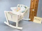 Dollhouse miniature 1/12th scale porcelain baby in hand painted cradle #5102