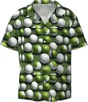 [HVTTIOR] Golf Ball Print Short Sleeve Shirt Cuban Collar Beach Casual Style Summer Vacation Relaxed Fit