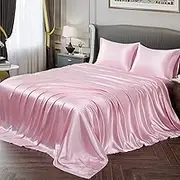 Vonty Satin Sheets Queen Size Silky Soft Satin Bed Sheets Pink Satin Sheet Set, 1 Deep Pocket Satin Fitted Sheets + 1 Flat Sheet + 2 Pillowcases