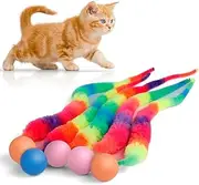 Bouncy Ball with Tail for Cat 5 Packs,Rainbow Large Magic Worm with Ball for Cats,Colorful Fuzzy Worm Bouncy Balls Cat