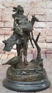 Signed Moreau Native American Indian With Deer Bronze Sculpture Statue Artwork