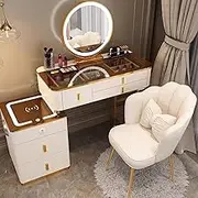 Stylish and Modern Makeup Vanity Set with Chair Mirror Lights 3 Color Touch Screen Dimming Mirror 3 Drawers Side Cabinet White Small Vanity Table for Bedroom Bathroom Brown+White 120.5"(Brown White,80
