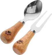 INOOMP 1 Set Portable Camping Utensil Set Ergonomic Stainless Steel Fork and Spoon with Comfortable Wooden Handle Standable Design for Backpacking Hiking and Family Picnics