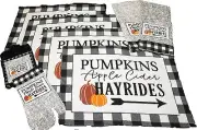 8 pc Fall Placemats Set Buffalo Plaid with Apple Cider, Hayrides & Pumpkins