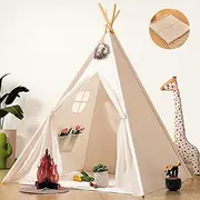 Kids Teepee With Mat, Foldable Play Tent, Canvas Playhouse, Portable Indoor and Outdoor Teepee, Cotton Washable (White)