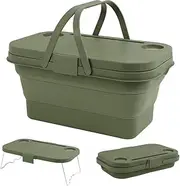 GUDAJIN Foldable Picnic Basket with Handle and Lid, Picnic Basket with Tray Table, 3 in 1 Camping Bucket, Leakproof Folding Camping Box for Outdoor, Picnic, Camping, Travel and Road Trip