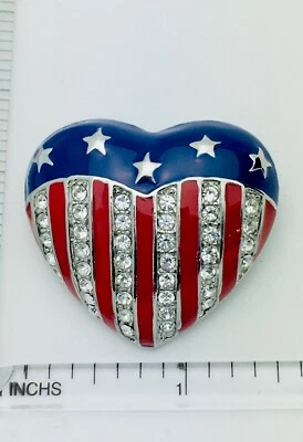 Patriotic Enamel 40 Crystal Heart Pin American Brooch Red White Blue Brooch