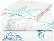 JSD Beach Theme Kids Printed Sheet Set Full, 4 Piece Starfish Jellyfish Coastal Summer Microfiber Bed Sheets Deep Pocket