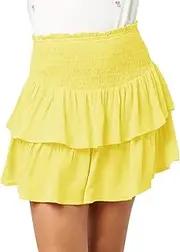 [Newffr] Girls Smocked Ruffle Mini Skirts Cute High Elastic Waisted Tiered Short Skirt with Shorts Underneath