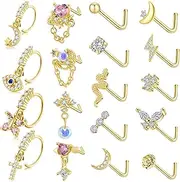[FIRAZIO] 18Pcs 20G Dangle Nose Rings for Women Surgical Steel L Shape Nose Stud Rings Cute Flower Butterfly Heart Evil Eye Opal CZ Dangling Nose Piercing Jewelry