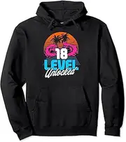 [VidiAmazing] 18th Birthday Level 18 Unlocked Years 80s 90s Retro Gamer Pullover Hoodie ds593