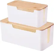 Clearhill 2Pcs Cable Management Box with Wood Lid, 11.7cmx23.8cmx12cm+14cmx31cmx13cm, Cord Organizer for Desk, TV, Computer, USB Hub, Power Strip, Charging Cords – Child and Pet Safe (White)