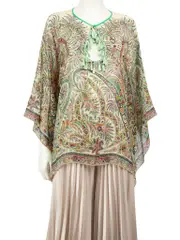 Green Silk Floral Pattern Tassel Accent Top