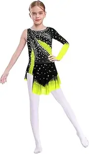 [Yhong] Kids Girls Sparkly Long Sleeve Lyrical Dance Figure Skating Costume with Rhinestones Color Block