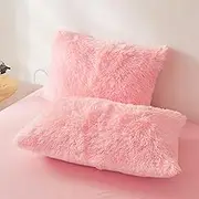 FOPPA Faux Fur Pink Pillow Cases, Ultra Soft Plush Covers, Fuzzy Bed Decorative Pillows, Fluffy With Zipper Closure, Set of 2 (Standard)