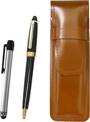 Slim Cowhide Leather Pen Case Brown Metal Touch Stick Silver and Neo D-600 Ballpoint Pen Set Black ASC-ALST-600B-B