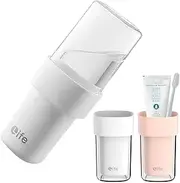Portable Travel Toothbrush Holders, 2-in-1 Stackable Cups for Brushing, Secure Seal Covered Case, Storage Container for Camping-School-Business Trip to Organize Tooth Brush Set,2-Pack, White Pink