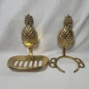 MCM Set Of 2 Brass Pineapple Tooth Brush & Soap Bar Holders Retro Tropical Tiki