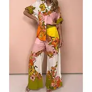 Women's Fashion Streetwear Shirt Linen-Inspired Sets Two Piece Sets Linen Pants Pants Trousers Long Sleeve Shirt Collar Floral Graphic Patchwork Daily Wear Dat