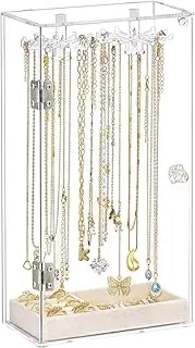 DACUAN Acrylic Necklace Holder, Clear Necklace Organizer with Velvet Tray Display for Rings Earrings, Rotatable Necklace Holder with 24 Hooks