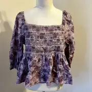 American Eagle Lavender Floral Smocked Peasant Top Blouse XL