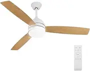 Krear 52 Inch Ceiling Fan with Lights Remote Control, Noiseless, Dimmable, 6-Speed Outdoor Ceiling Fan with Light, 3 Blade Wood Ceiling Fan with Timer, Reversible DC Motor for Patio Bedroom, White