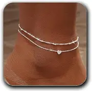 [DOA] Adjustable Women's Anklets, Dainty Layered Ankle Bracelets for Women, 925 Silver Plated Anklets for Women, Beaded/Heart Beach Anklet