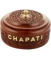 HANDMADE BREAD KEEPER WOODEN HAND CARVED CHAPATI STORAGE - WITH BRASS ACCENT