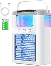 Mini Air Cooler, Portable Air Conditioner with Battery 1200 Amh 600ML Tank, Evaporative Air Conditioners Cold and Humidification Function, 3 Modes, 7 Colors Light without Cable for Home Office
