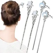 4PCS Star Moon Hair Sticks for Buns Long Hair Chinese Hanfu Asian Vintage Hair Chopsticks Metal Silver Hair Bun Updo Holders Long Hairpins for Women Girls