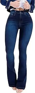 [JEShifangjiusu] Stylish Casual Jeans for Women High Waisted Tummy Control Flared Fit Denim Pants with Pockets, Dark Blue, L